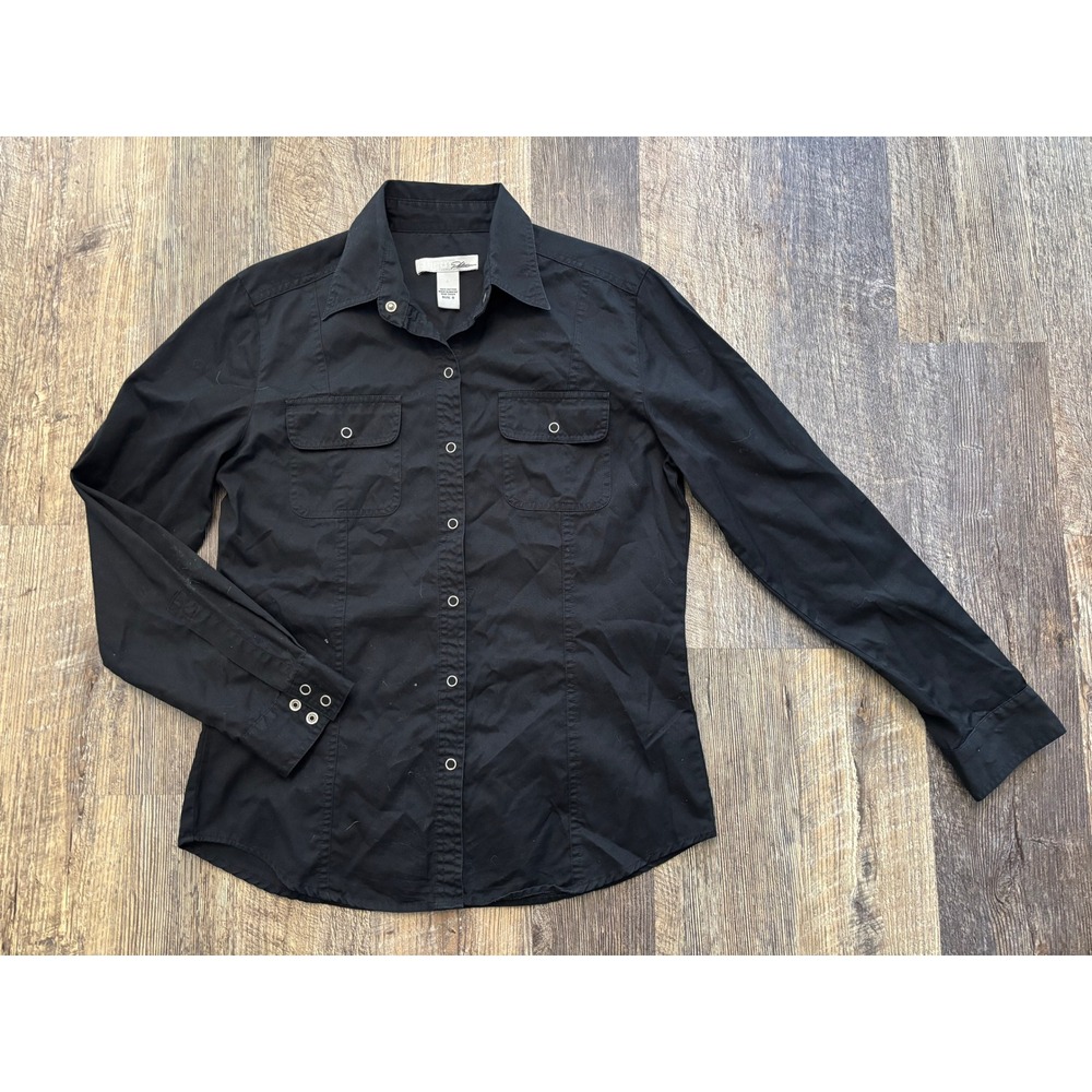 Chicos Platinum Black Cotton Snap Front Utility Shirt Womens Size 0 Small